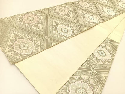 平和屋着物◎六通柄袋帯 唐織 菱天井花文 銀糸 正絹 逸品 BAAT5971yc