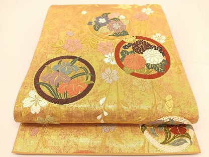 平和屋着物◎六通柄袋帯 唐織 花丸文 金糸 正絹 逸品 BAAT5974yc