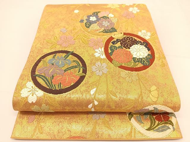 平和屋着物◎六通柄袋帯 唐織 花丸文 金糸 正絹 逸品 BAAT5974yc