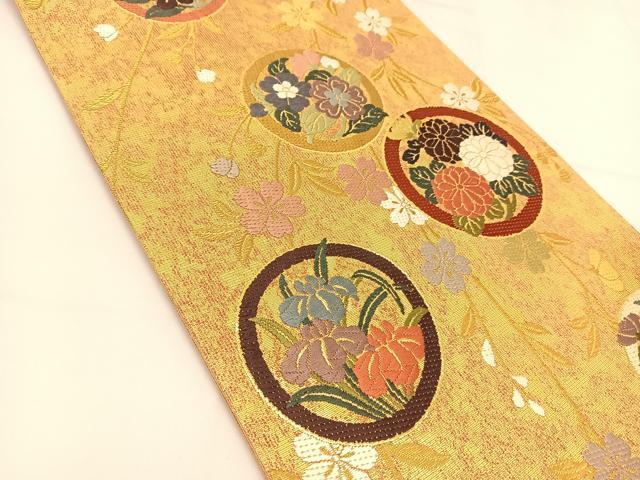 平和屋着物◎六通柄袋帯 唐織 花丸文 金糸 正絹 逸品 BAAT5974yc