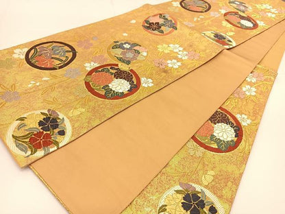 平和屋着物◎六通柄袋帯 唐織 花丸文 金糸 正絹 逸品 BAAT5974yc