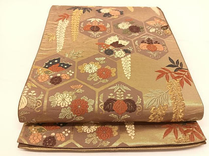 平和屋着物◎六通柄袋帯 唐織 亀甲花蝶文 正絹 逸品 BAAT5975yc