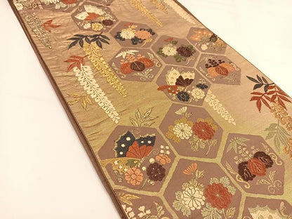 平和屋着物◎六通柄袋帯 唐織 亀甲花蝶文 正絹 逸品 BAAT5975yc