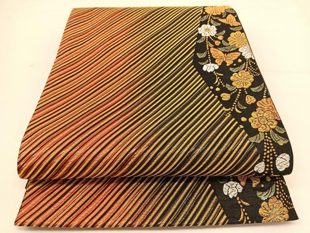 平和屋着物◎六通柄袋帯 花蝶文 黒地 金銀糸 正絹 逸品 BAAT5978yc