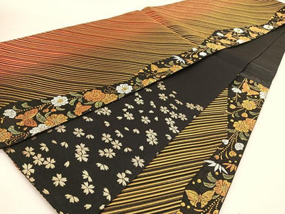 平和屋着物◎六通柄袋帯 花蝶文 黒地 金銀糸 正絹 逸品 BAAT5978yc