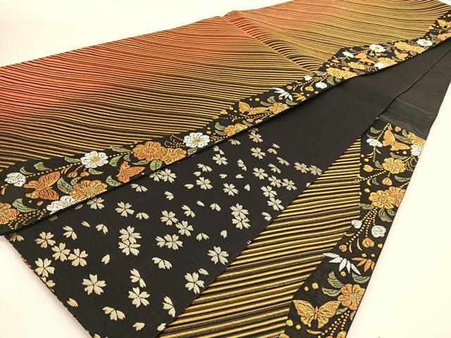 平和屋着物◎六通柄袋帯 花蝶文 黒地 金銀糸 正絹 逸品 BAAT5978yc