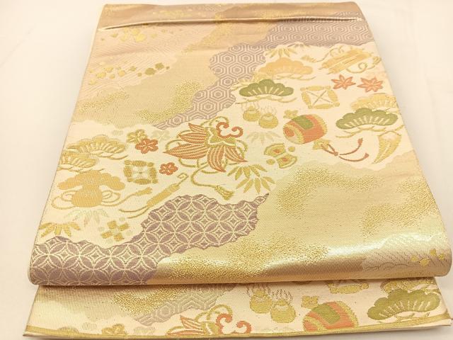 平和屋着物◎六通柄袋帯 宝尽くし草花文 金糸 正絹 逸品 BAAT5985yc