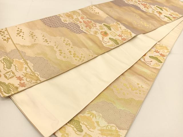 平和屋着物◎六通柄袋帯 宝尽くし草花文 金糸 正絹 逸品 BAAT5985yc