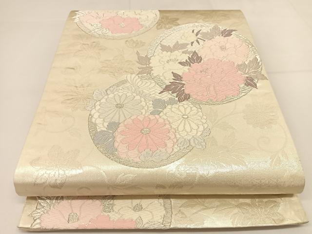 平和屋着物◎六通柄袋帯 唐織 花丸文 銀糸 正絹 逸品 BAAT5995yc