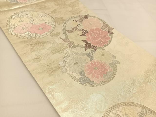 平和屋着物◎六通柄袋帯 唐織 花丸文 銀糸 正絹 逸品 BAAT5995yc