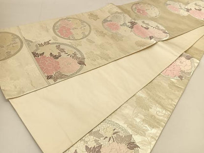 平和屋着物◎六通柄袋帯 唐織 花丸文 銀糸 正絹 逸品 BAAT5995yc