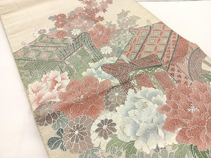 平和屋着物◎太鼓柄袋帯 綴れ 御所車花文 銀彩 正絹 逸品 BAAT6003ea