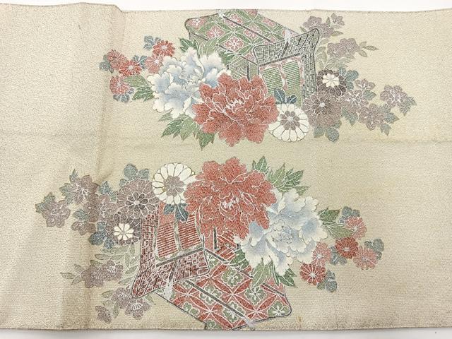 平和屋着物◎太鼓柄袋帯 綴れ 御所車花文 銀彩 正絹 逸品 BAAT6003ea