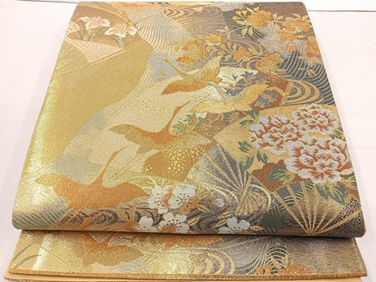 平和屋着物◎六通柄袋帯 流水扇面花鳥文 金糸 正絹 逸品 BAAT6010ea