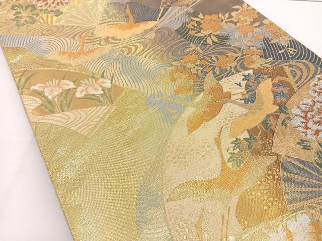 平和屋着物◎六通柄袋帯 流水扇面花鳥文 金糸 正絹 逸品 BAAT6010ea