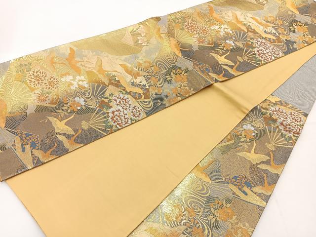 平和屋着物◎六通柄袋帯 流水扇面花鳥文 金糸 正絹 逸品 BAAT6010ea