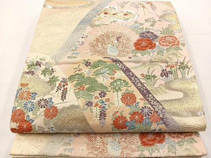 平和屋着物◎六通柄袋帯 唐織 遠山風景花鳥文 金銀糸 正絹 逸品 BAAT6017ea