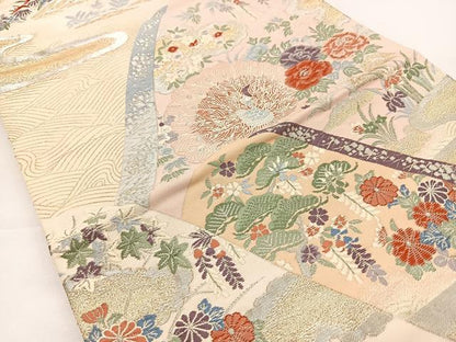 平和屋着物◎六通柄袋帯 唐織 遠山風景花鳥文 金銀糸 正絹 逸品 BAAT6017ea