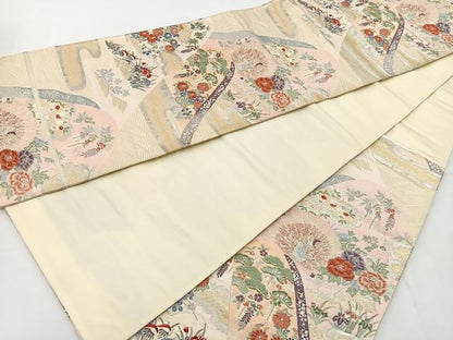 平和屋着物◎六通柄袋帯 唐織 遠山風景花鳥文 金銀糸 正絹 逸品 BAAT6017ea