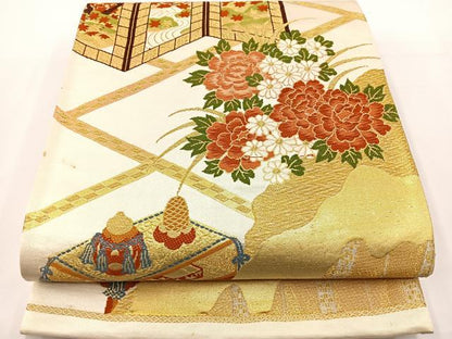 平和屋着物◎六通柄袋帯 唐織 屏風花文 金糸 正絹 逸品 BAAT6018ea