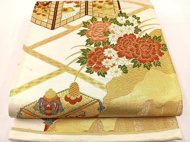 平和屋着物◎六通柄袋帯 唐織 屏風花文 金糸 正絹 逸品 BAAT6018ea