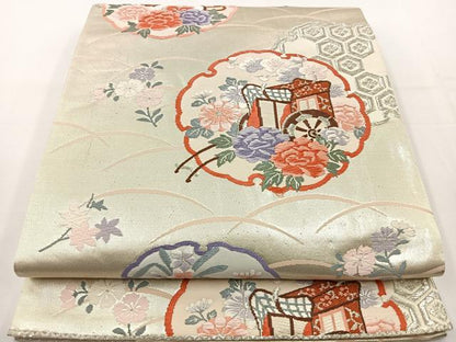平和屋着物◎六通柄袋帯 唐織 雪輪御所車花文 銀糸 正絹 逸品 BAAT6026ea