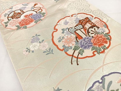 平和屋着物◎六通柄袋帯 唐織 雪輪御所車花文 銀糸 正絹 逸品 BAAT6026ea