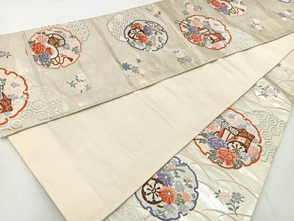 平和屋着物◎六通柄袋帯 唐織 雪輪御所車花文 銀糸 正絹 逸品 BAAT6026ea