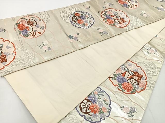 平和屋着物◎六通柄袋帯 唐織 雪輪御所車花文 銀糸 正絹 逸品 BAAT6026ea