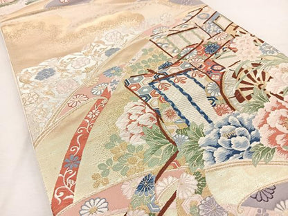 平和屋着物◎六通柄袋帯 唐織 御所車花文 金銀糸 正絹 逸品 BAAT6029ea