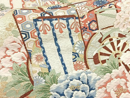 平和屋着物◎六通柄袋帯 唐織 御所車花文 金銀糸 正絹 逸品 BAAT6029ea
