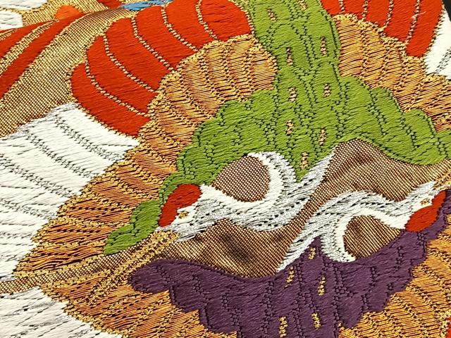 平和屋着物◎六通柄袋帯 唐織 双鶴花菱文 黒地 金銀糸 正絹 逸品 BAAT6038ea