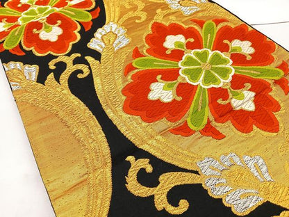平和屋着物◎六通柄袋帯 唐織 縦枠正倉院文 黒地 金銀糸 正絹 逸品 BAAT6041ea