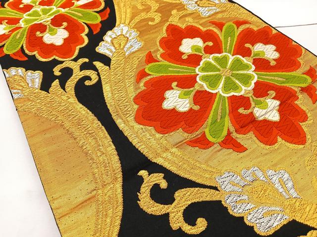 平和屋着物◎六通柄袋帯 唐織 縦枠正倉院文 黒地 金銀糸 正絹 逸品 BAAT6041ea