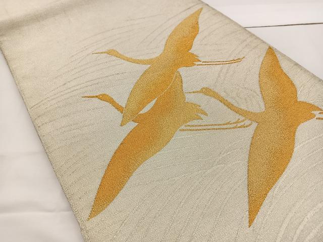 平和屋着物◎太鼓柄袋帯　綴れ　立波飛鶴文　金糸　正絹　逸品　BAAT6057ea