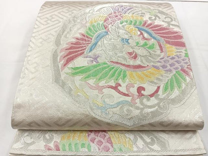 平和屋着物◎六通柄袋帯 向かい鳳凰文 銀糸 正絹 逸品 BAAT6066ea