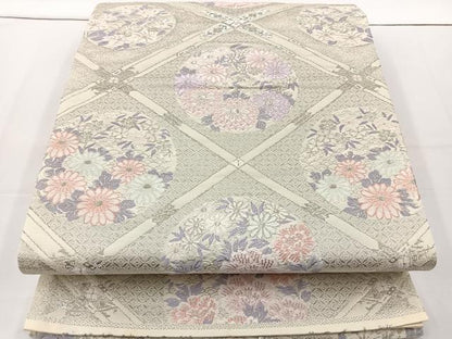 平和屋着物◎六通柄袋帯 菱天井花丸文 銀糸 正絹 逸品 BAAT6076ea