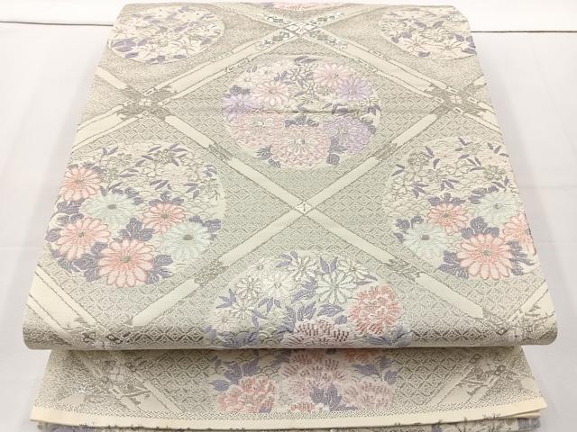 平和屋着物◎六通柄袋帯 菱天井花丸文 銀糸 正絹 逸品 BAAT6076ea