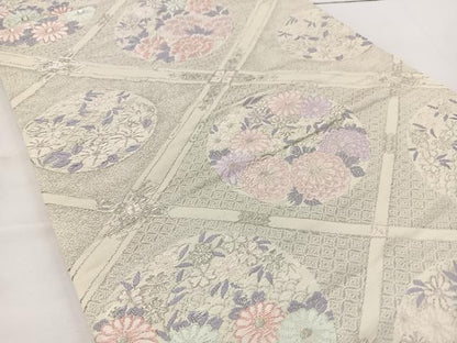 平和屋着物◎六通柄袋帯 菱天井花丸文 銀糸 正絹 逸品 BAAT6076ea
