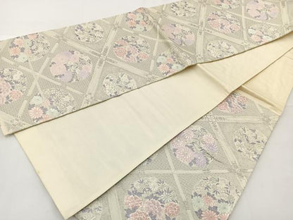 平和屋着物◎六通柄袋帯 菱天井花丸文 銀糸 正絹 逸品 BAAT6076ea