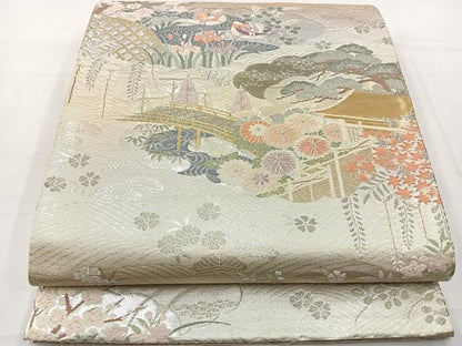 平和屋着物◎六通柄袋帯 唐織 流水鴛鴦花文 金銀糸 正絹 逸品 BAAT6092ea
