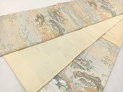平和屋着物◎六通柄袋帯 唐織 流水鴛鴦花文 金銀糸 正絹 逸品 BAAT6092ea
