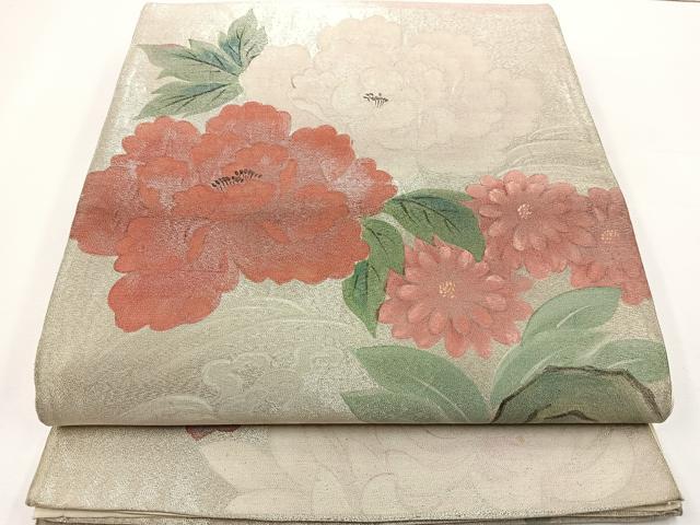平和屋着物◎六通柄袋帯 手描き 牡丹 正絹 逸品 BAAT6094ea