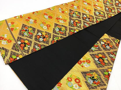 平和屋着物◎六通柄袋帯 唐織 草花丸文 黒地 金糸 正絹 逸品 BAAT6096ea