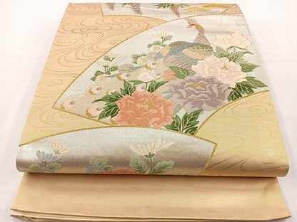 平和屋着物◎六通柄袋帯 唐織 孔雀地紙花文 金銀糸 正絹 逸品 BAAT6117ea