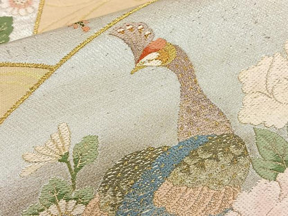 平和屋着物◎六通柄袋帯 唐織 孔雀地紙花文 金銀糸 正絹 逸品 BAAT6117ea