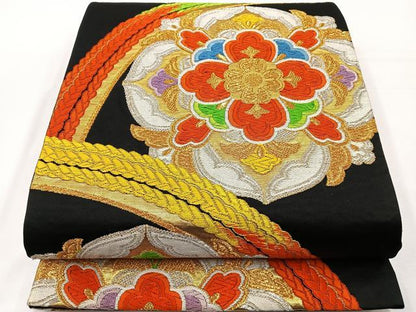 平和屋着物◎六通柄袋帯 唐織 正倉院花文 黒地 金銀糸 正絹 逸品 BAAT6119ea