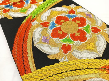 平和屋着物◎六通柄袋帯 唐織 正倉院花文 黒地 金銀糸 正絹 逸品 BAAT6119ea