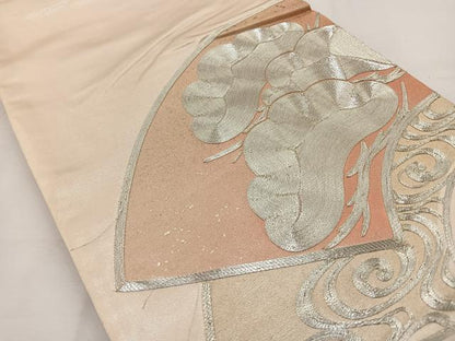 平和屋着物◎太鼓柄袋帯 駒刺繍 地紙松文 銀糸 正絹 逸品 BAAT6138ea
