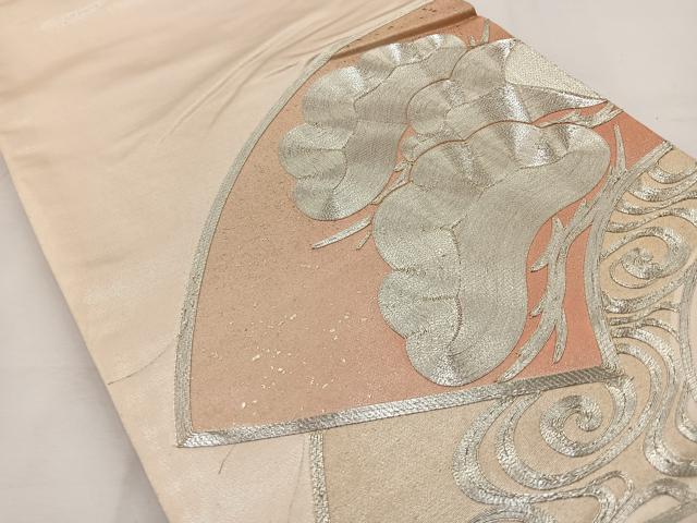 平和屋着物◎太鼓柄袋帯 駒刺繍 地紙松文 銀糸 正絹 逸品 BAAT6138ea